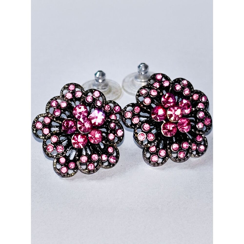Pink Rhinestone Floral Stud Earrings Antique Silver Tone Glam Design